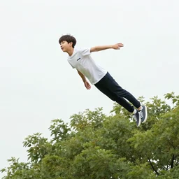 Photo of Jeon Jungkook at 10 years old flying over a tree, realistic, real life, detailed picture, 8k, 35mm focal length