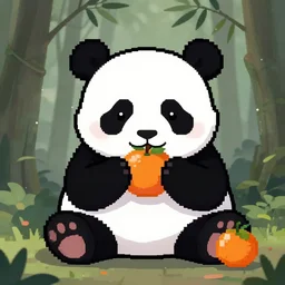 “a gothic panda eating an orange, pixel art”