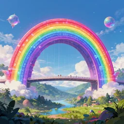 A landscape with a giant rainbow bridge, magical, cyberpunk, glowing runes, technology, Low level, rendered by Beeple, Makoto Shinkai, syd meade, simon stålenhag, environment concept, synthwave style, digital art, unreal engine, WLOP, trending on artstation, 4K UHD image, octane render,