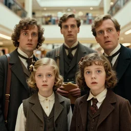 sharp, highly detailed, high quality 7 0 mm frame scan from a sci fi blockbuster color movie made in 2 0 1 5, a family of four time travelers from 1 9 1 5 travel in time to 2 0 1 5, appearing in a shopping mall, looking surprised, the family are all wearing 1 9 1 0 s era clothes, good lighting, in focus, cinematic still, high quality scan, in focus, 3 5 mm macro lens, detailed eyes, realistic faces and details, award winning lighting, award winning photography