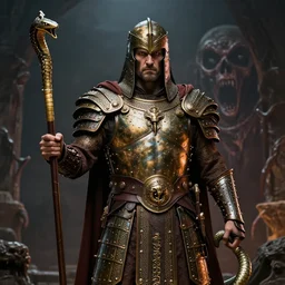 serpent - man warlord wearing bronze age plate armor, horrific background, high quality, high definition, 8 k, photograph photorealistic by alex ross