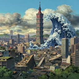 tsunami in taipei. buildings collapsing. highly detailed architecture, atmosphere, dramatic light, epic composition, wide angle, by miyazaki, nausicaa ghibli