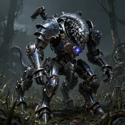 gears of war alien knight in medieval plate armor on a quadruped battlemech, the feeling of magical grimdark magic power and dispair, on a dark swampy bsttlefield, high quality, detailed, 8k, unreal engine, octane render, trending on artstation