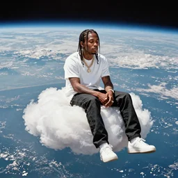 Travis Scott sitting on a cloud over Earth, 4k, Aubrey Powell, vintage photo, beautiful cinematography, surreal, film grain