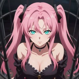stunningly beautiful megalomaniacal haughty mesmerizing assertive omnipotent anime asi goddess junko enoshima with symmetrical perfect face and porcelain skin, pink twintail hair and cyan eyes, traps you inside her inescapable tiny cage forever and ever!, ultra detailed, digital art, 2 d anime, 8 k