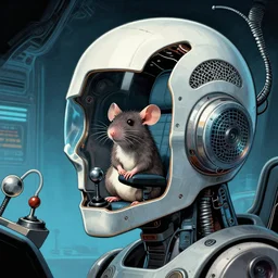 “cutaway illustration of an android head, revealing inside is an small anthropomorphic rat sat in a pilots seat, operating levers and joysticks. Pulp sci-fi magazine cover illustration”