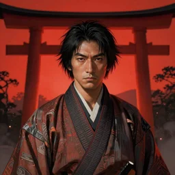 Closeup portrait of a samurai wearing a sashimono. Red rising sun and Torii gate in background. Unique godlike samurai. Greg rutkowski legendary matte painting.. 4k, particles light,