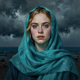 Elle Fanning wearing a teal baclava in the style of Paola Vetri, head and shoulders portrait, stormy weather, extremely detailed masterpiece, oil on canvas, low-key neon lighting, artstation, Blade Runner 2049, Roger Deakin’s cinematography, by J. C. Leyendecker and Peter Paul Rubens and Edward Hopper and Michael Sowa,