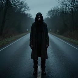 a photo of a creepy figure standing in the middle of the road, found footage, dark, scary, 8k, hd