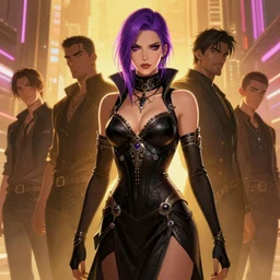portrait, attractive male greek assassin, cyberpunk, purple hair, ornate black dress, neon lights, city, octane render, rossdraws, tom bagshaw, ross tran, charlie bowater, ruan jia, greg rutkowski, 1 6 k, warm, character illustration