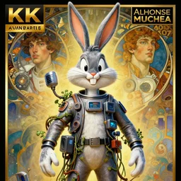 hyperrealist portrait of bugs bunny dressed as a spaceship pilot, it is decorated with long wires that fall like vines and wears small computers over their body. by jeremy mann and alphonse mucha, fantasy art, photo realistic, dynamic lighting, artstation, poster, volumetric lighting, very detailed faces, 4 k, award winning