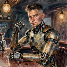 oil watercolor painting of young rugged atat robot in western bar, shaven stubble, short hair, mysterious light, art by anders zorn, wonderful masterpiece by greg rutkowski, beautiful cinematic light, american romanticism by greg manchess, creation by tyler edlin