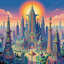 a intricate ornate psychedelic image of a fantastic detailed dmt city against a colorful sky, by sid mead, psychedelic art, visionary art, concept art