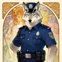 anthropomorphic albino wolf police officer. renowned character illustration by alphonse mucha. trending on furaffinity.