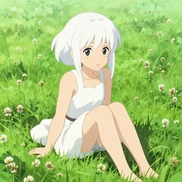 white haired anime girl sitting in a field of Ghibli Clover | Big Moon at Blue Night | bioluminescent blue FLOWERS | strong blue rimlit | visual-key | anime illustration | highly detailed High resolution | Light Novel | Visual Novel | Gosick