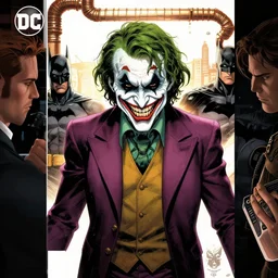 dc comic book cover of villain the joker creepy menacing dangerous slit mouth smile and batman by michael hussar, james jean, tomer hanuka