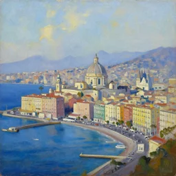 modern art oil painting of the city of present - day naples, italy from the sea