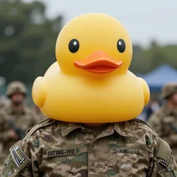 an idf soldier with a giant rubber duck head for a head