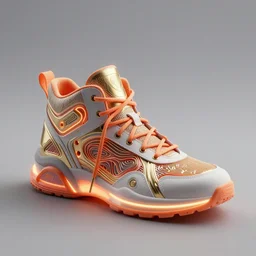 one futuristic high - top sneaker with neon illuminated rubber soles on a grey surface, soft orange laces, clean 3 d render, beautiful studio lighting, soft, sharp focus, cyberpunk, intricate detail, gold and red filigree, soft rubber, octane render, trending on artstation, deviantart, art by iris van herpen and syd mead and android jones