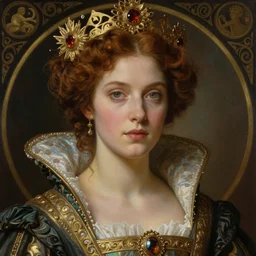 face centered portrait, artwork by james jean, hyperdetailed realistic, beautiful medieval queen, jean delville, symbolist, art nouveau, alphonse mucha