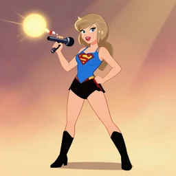 taylor swift as a super hero similar to seraphine from league of legends with a microphone in her hand as her weapon drawn in a 1 9 5 0 s cartoon on a saturday morning style, hugh quality, very well proportioned silhouette