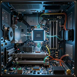 the art of the inside of a computer by mia brownell, procedurpsychedelic al computer chips architecture, very detailed, maximalism, ambient occlusion, volumetric light, atmospheric haze, hyper realism, cinematic shading, cinematic composition, realistic render, photorealistic, wide shot