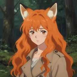 illustration by shigenori soejima, girl with fox ears, long wavy orange hair, light brown trenchcoat, forest background, focus on face, pretty, moody lighting, painterly