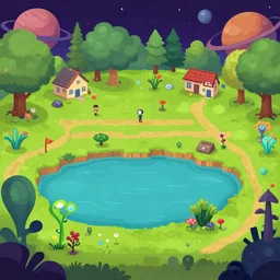 in a park in a small town on an alien planet, next to a small lake, with strange alien plants and flowers growing around the park, from a space themed Serria point and click 2D graphic adventure game, made in 2019, high quality graphics
