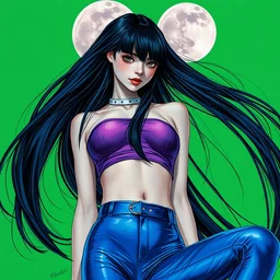 girl, longest black hair, blue latex pants, purple croptop, two moons, acid green background. highly detailed, digital painting, watercolor, soviet realism, engraving, artstation, smooth, sharp focus, vivid grunge, manga, unreal engine 5, 8 k, art by bilibin and kilian eng and kuvshinov and malevich and mucha
