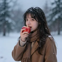 snowy landscape at twilight and highly detailed depiction of girl eating a red apple
