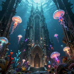 high quality photo of cinematic underwater dystopian neo - gothic cathedral ruins with giant luminescent colorful aquatic plants and jellyfish, digital art masterpiece, aykut aydogdu eric zener, dramatic volumetric light, long shot, low angle uhd 8 k, sharp focus
