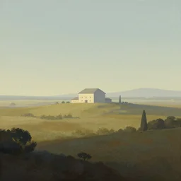 A serene landscape with a singular building in the style of Wayne Barlowe.