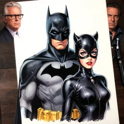 highly detailed colored ink illustration, portrait photo of batman and catwoman, cinematic lighting, octane render, sharp focus, clean shaped illustration by tim bradstreet, funimation, mike mignola, bill sienkiewicz and ric estrada