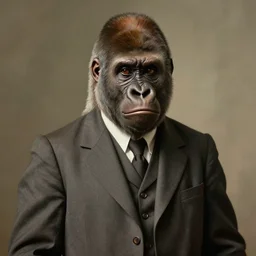 portrait painting of a young gorilla of 3 0, british, wearing a plain suit, short hair, scientist, looking gaunt, handsome, confident, full unreal render cinematic lighting art 1 9 2 0 period drama by bussiere rutkowski andreas rocha