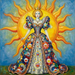 the queen of the sun by takashi murakami and h.r. giger, full body, oil on canvas, intricately detailed artwork, full 8k high quality resolution, recently just found unknown masterpiece