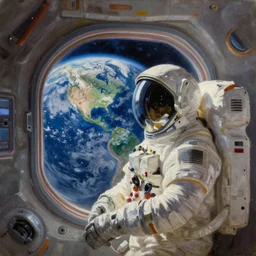 oil painting of a scene with an astronaut looking at earth through the window of his spaceship