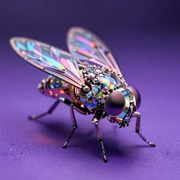 high quality photo glowy iridescent cyborg fly! jeweled very beautiful! highly detailed digital art david ligare elson peter cinematic purple neon lighting high quality low angle hd 8k sharp shallow depth of field
