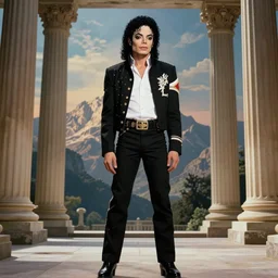 individual full body portrait of michael jackson standing against a thomas cole naturalist style backdrop of mount olympus with enormous columns on either side, michael jackson