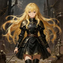 baroque oil painting japanese light novel cover full body illustration lotr anime key visual stunning action shot | young girl black military crusader maid with long flowing blonde hair in fantasy steampunk city | symmetrical perfect face fine detail delicate features quiet gaze | gapmoe kuudere moody dynamic lighting bokeh | trending pixiv fanbox | painted by greg rutkowski makoto shinkai takashi takeuchi