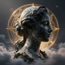 epic illustration, abstract sculpture of beautiful female face silhouette and black swirling liquifying acrylic portrait, sculpt, octane render, fluffy clouds, mechanical superstructure, sacred geometry, glowing edges, magic hour, beautiful light, sculpture of carving marble, dark colors, dark mood, one point light, golden spirals, clockwork, epic matte painting, concept art, bokeh, digital painting, artstation