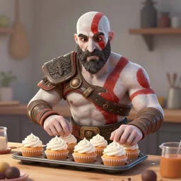 Man (who looks like Kratos from God of War) baking cupcakes, digital art, half body portrait, half body shot, artstation, high quality, stylized, fluffy, happy, casual, cartoon,