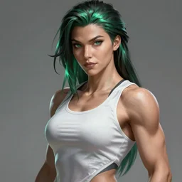 a dark haired muscular woman in a white tank top. highly detailed portrait, digital painting, sharp focus illustration, artstation hq. intricate, elegant. art by wlop and ross tran, overwatch character design, green iridescent