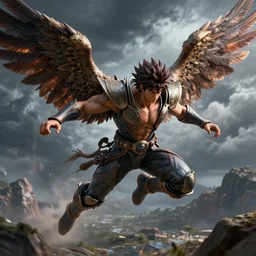 extreme detail 3 d digital art of a winged kenshiro flying, detailed textures and lighting, storm in the background, mountains, action pose, high detail character models, detailed environment, epic fight, movie quality battle, epic, intricate, 4 k,