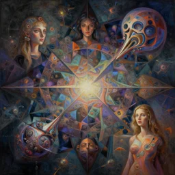 art titled geometric madness by, stephen kruse and ill. des featuring anna charney and salvia droid. geometric visionary psychedelic fineart digital painting. gigapixel resolution. intricate detailed. beautiful dramatic cinematic. in the style of subject zero. hyperrealistic render. dreamy atmosphere. fractalart on deviantart.