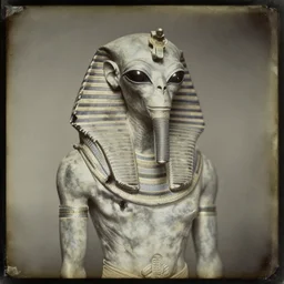 A daguerreotype photograph of an alien in ancient Egypt.