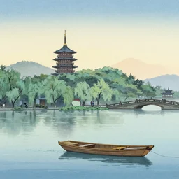 Boat, Pagoda, Bridge, Morning in West Lake, by Hasui Kawase