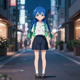 cute, anime girl standing on a street, braids blue and green, singular, junichi higashi, isamu imakake, intricate, balance, full far portrait, volumetric lighting, cinematic lighting, masterpiece