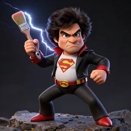 bob ross dressed as a superhero, standing on rocky ground, angry expression, detailed face, lightning behind, dark background, action pose, holding a paintbrush, ultra - detailed, ultra - detailed, intricate, detailed shadows and textures, 8 k, action pose, digital art