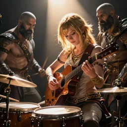 aloy from the horizon zero dawn videogame playing the guitar with kratos from the god of war videogame playing the drums