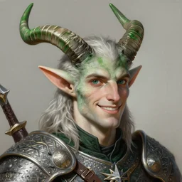 close up painting of a smiling young man satyr with horns in green refined deciduous elf armour, bard character design from the the witcher 3 : wild hunt, decorated, intricate, elegant, highly detailed, digital painting, artstation, concept art, smooth, sharp focus, illustration, art by artgerm and greg rutkowski and alphonse mucha, 8 k